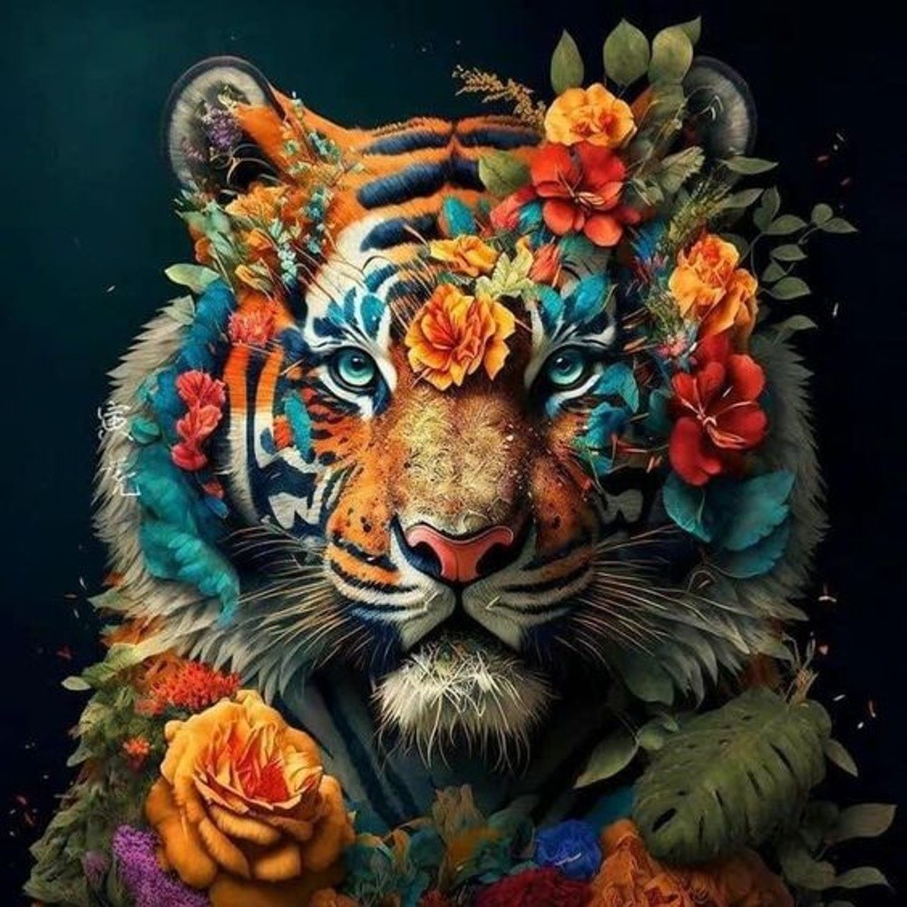 Картина по номерам Яркий тигр в цветах (40х40 см), бренду Strateg - KUBIX