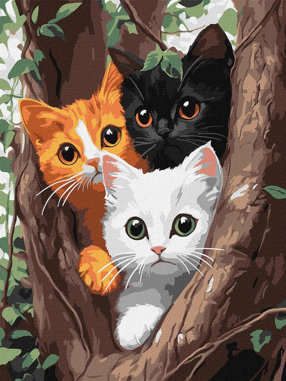 Картина по номерам Три котики на дереві (30х40 см), бренду Ідейка - KUBIX