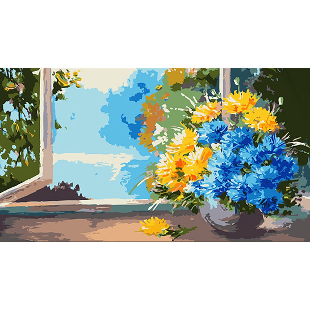 Картина за номерами Букет квітів на вікні (50х25 см), бренду Strateg - KUBIX