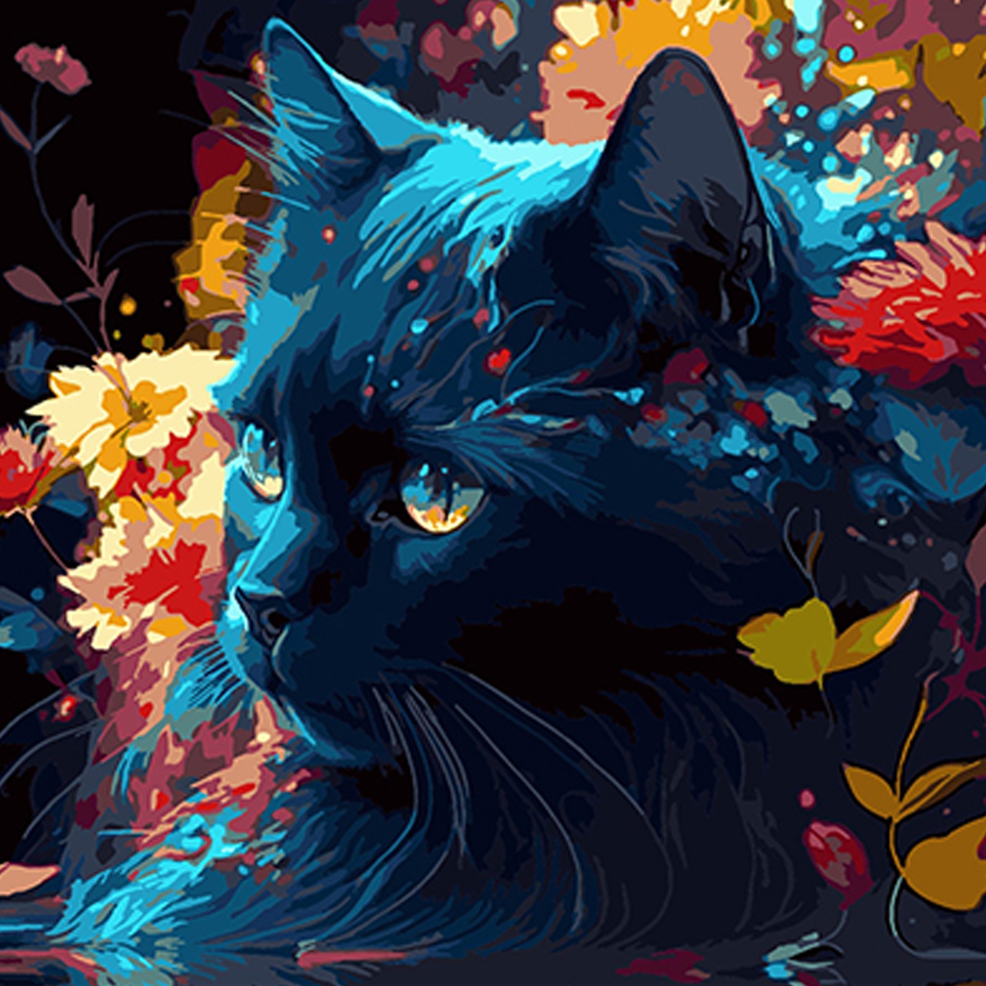 Картина по номерам Черный кот и цветочный мотив (40х40 см), бренду Strateg - KUBIX