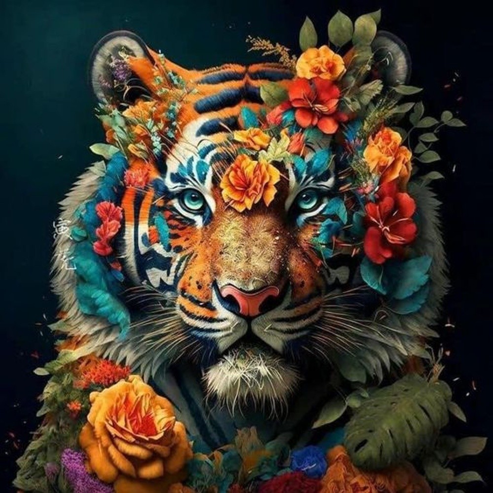 Картина за номерами Яскравий тигр у квітах (40х40 см), бренду Strateg - KUBIX
