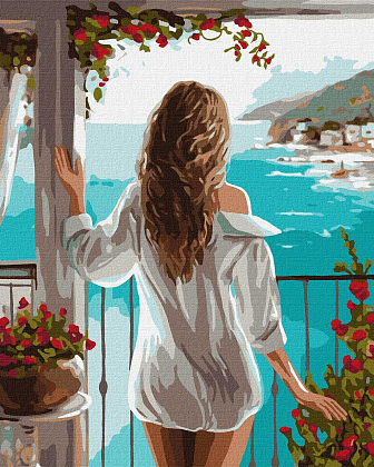 Картина по номерам Балкон з видом на море (40х50 см), бренду Ідейка - KUBIX