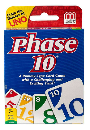 Настольная игра Фаза 10 (синяя коробка) (Phase 10 (blue box)), бренду Mattel, для 2-6 гравців, час гри < 60мин. - KUBIX