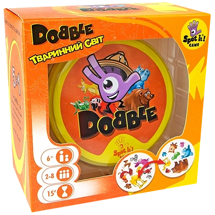 Настольная игра Доббл Животный мир (Dobble Animals), бренду Asmodee, для 2-8 гравців, час гри < 30мин. - KUBIX