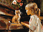 Мініатюра товару Картина по номерам Дівчина з котиком за піаніно (30х40 см) - 1