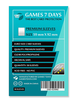 Протекторы Games7Days (59 x 92 мм) Premium Euro Size (50 шт) - KUBIX Протекторы Games7Days (59 x 92 мм) Premium Euro Size (50 шт)