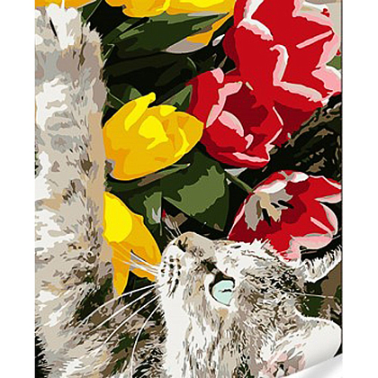 Картина за номерами Котик з тюльпанами (30х40 см), бренду Strateg - KUBIX