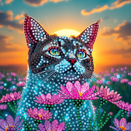 Алмазная мозаика Кот в поле на бумажной основе (18х18 см)