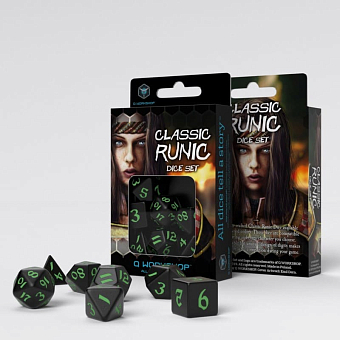 Набор кубиков Classic Runic Black & Green Dice Set (7 шт.) - KUBIX Набор кубиков Classic Runic Black & Green Dice Set (7 шт.)