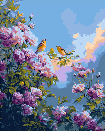 Картина по номерам Птички среди цветущих пионов (40х50 см), бренду Origami - KUBIX