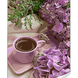 Картина за номерами Фіолетові гортензії з кавою (40х50)