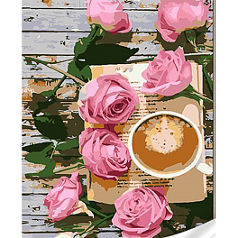 Картина по номерам Кофе среди розовых роз (30х40 см)
