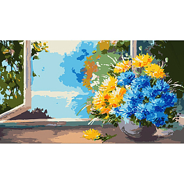 Картина за номерами Букет квітів на вікні (50х25 см)