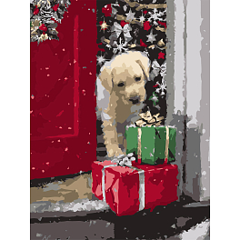 Картина по номерам Пёсик с подарками (30х40 см) - KUBIX Картина по номерам Пёсик с подарками (30х40 см)