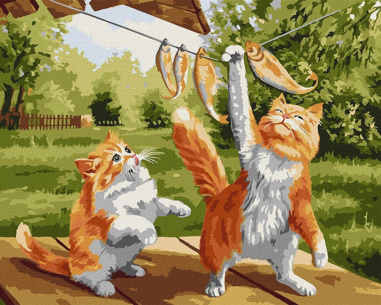 Картина за номерами Гарний улов - котики з рибою (40х50 см), бренду Ідейка - KUBIX