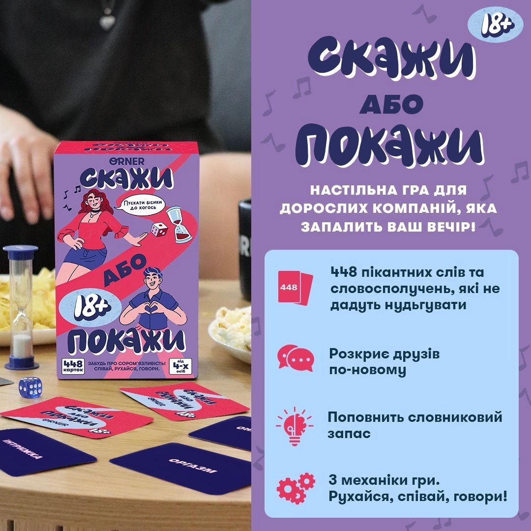 Настольная игра Скажи или покажи 18+, бренду ORNER, для 4-12 гравців, час гри < 30мин. - 2 - KUBIX 