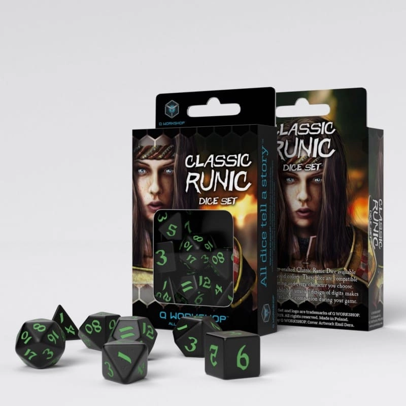 Набір кубиків Classic Runic Black & green Dice Set (7шт.), бренду Q-Workshop - KUBIX