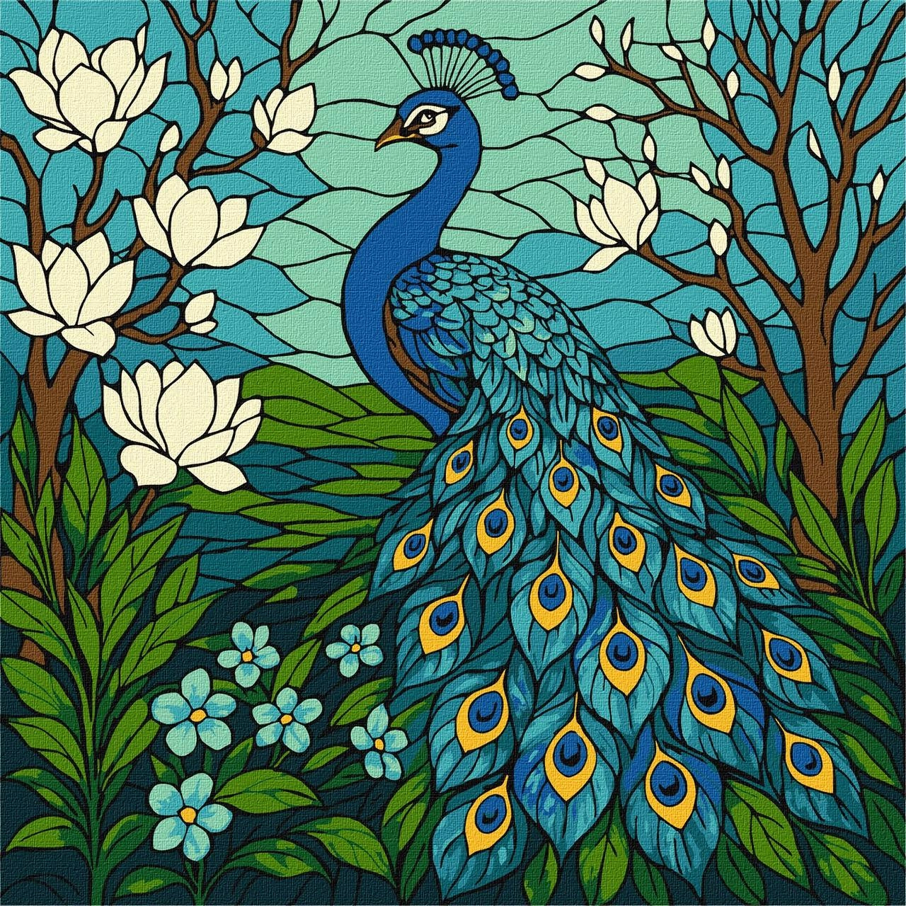 Картина по номерам Витраж павлин и магнолия (30х30 см), бренду Идейка - KUBIX