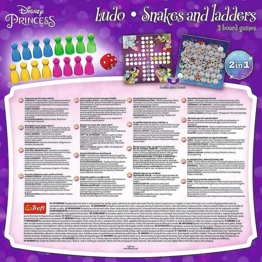 Настольная игра Принцессы Disney: Лудо + Змеи и Лестницы 2 в 1 (Disney Princesses: Ludo + Snakes and Ladders 2 in 1), бренду Trefl, для 2-4 гравців, час гри < 30мин. - 2 - KUBIX 