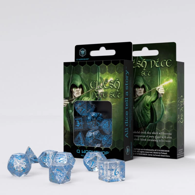 Набор кубиков Elvish Translucent & blue Dice Set (7 шт.), бренду Q-Workshop - KUBIX