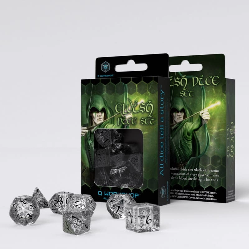 Набор кубиков Elvish Translucent & black Dice Set (7 шт.), бренду Q-Workshop - KUBIX
