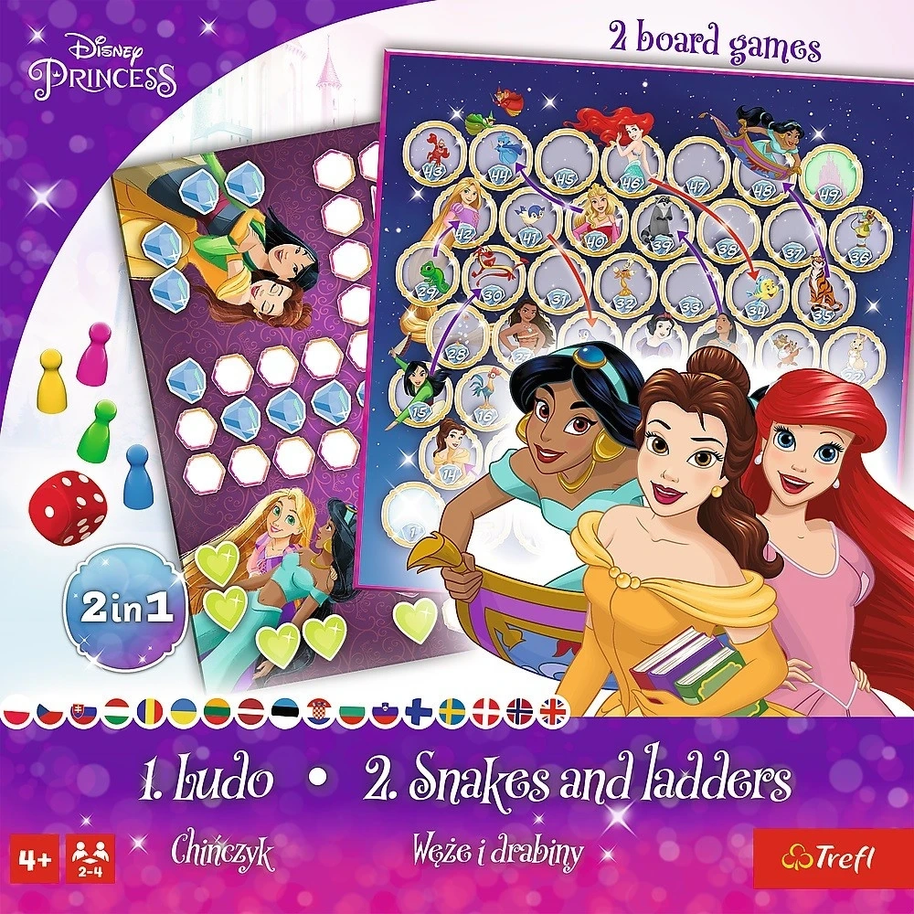 Настольная игра Принцессы Disney: Лудо + Змеи и Лестницы 2 в 1 (Disney Princesses: Ludo + Snakes and Ladders 2 in 1), бренду Trefl, для 2-4 гравців, час гри < 30мин. - 4 - KUBIX 