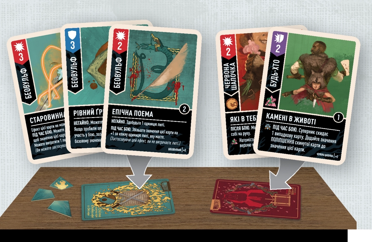 Настольная игра Unmatched: Красная Шапочка против Беовульфа (Unmatched: Little Red Riding Hood vs. Beowulf), бренду Geekach Games, для 2-4 гравців, час гри < 30мин. - 4 - KUBIX 