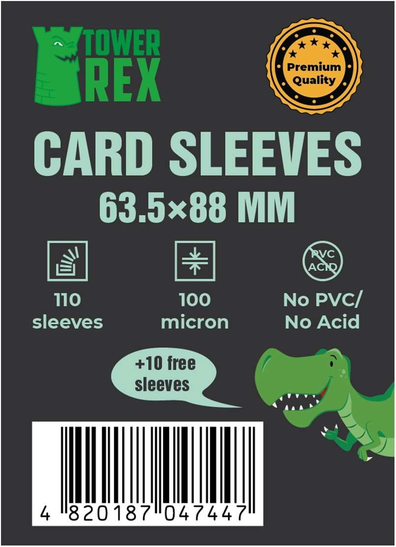 Протекторы 100 микрон (премиум) 63,5*88 (Cards Sleeves 100 micron (premium) 63,5*88), бренду Tower Rex - KUBIX