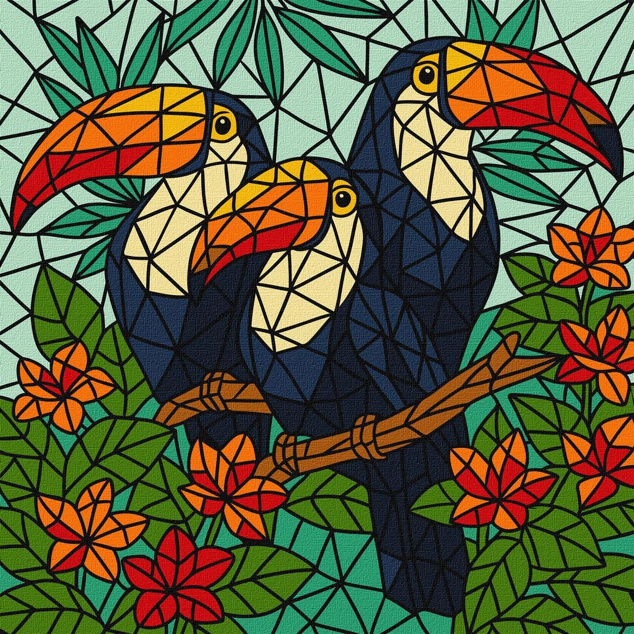 Картина по номерам Вітраж Тріо туканів (30х30 см), бренду Ідейка - KUBIX