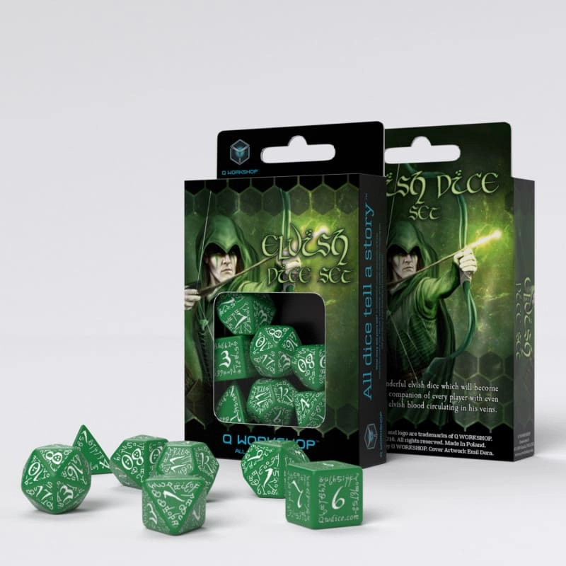 Набір кубиків Elvish Green & white Dice Set (7шт.), бренду Q-Workshop - KUBIX