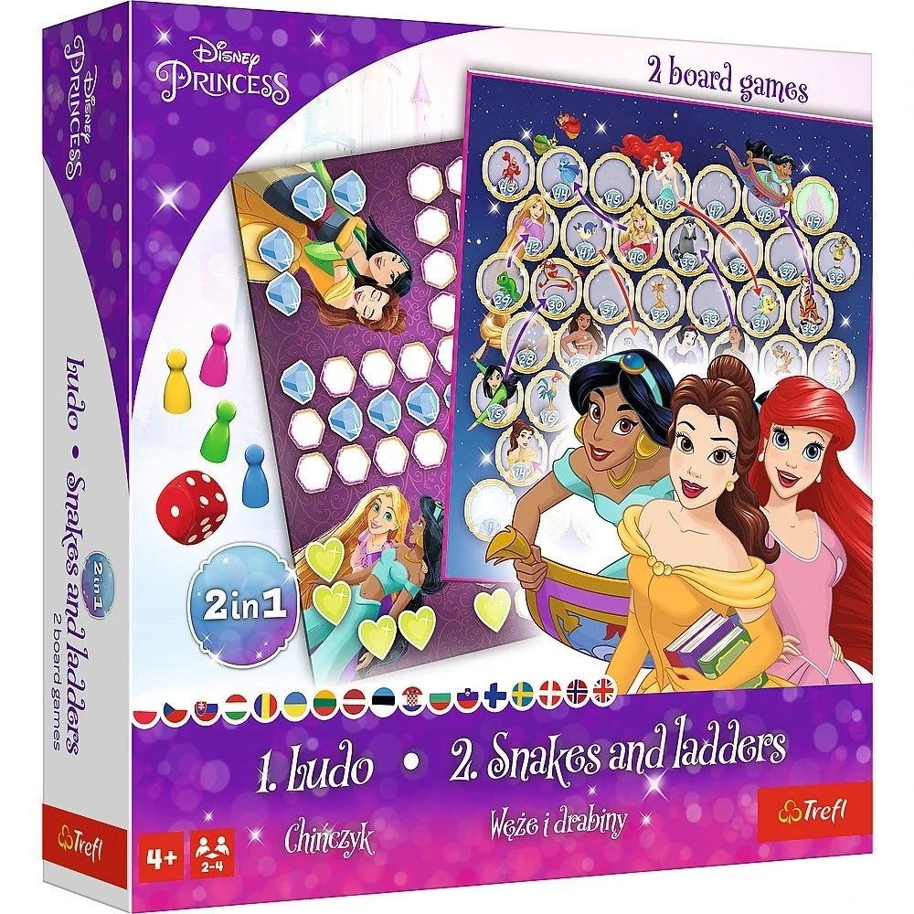 Настольная игра Принцессы Disney: Лудо + Змеи и Лестницы 2 в 1 (Disney Princesses: Ludo + Snakes and Ladders 2 in 1), бренду Trefl, для 2-4 гравців, час гри < 30мин. - KUBIX