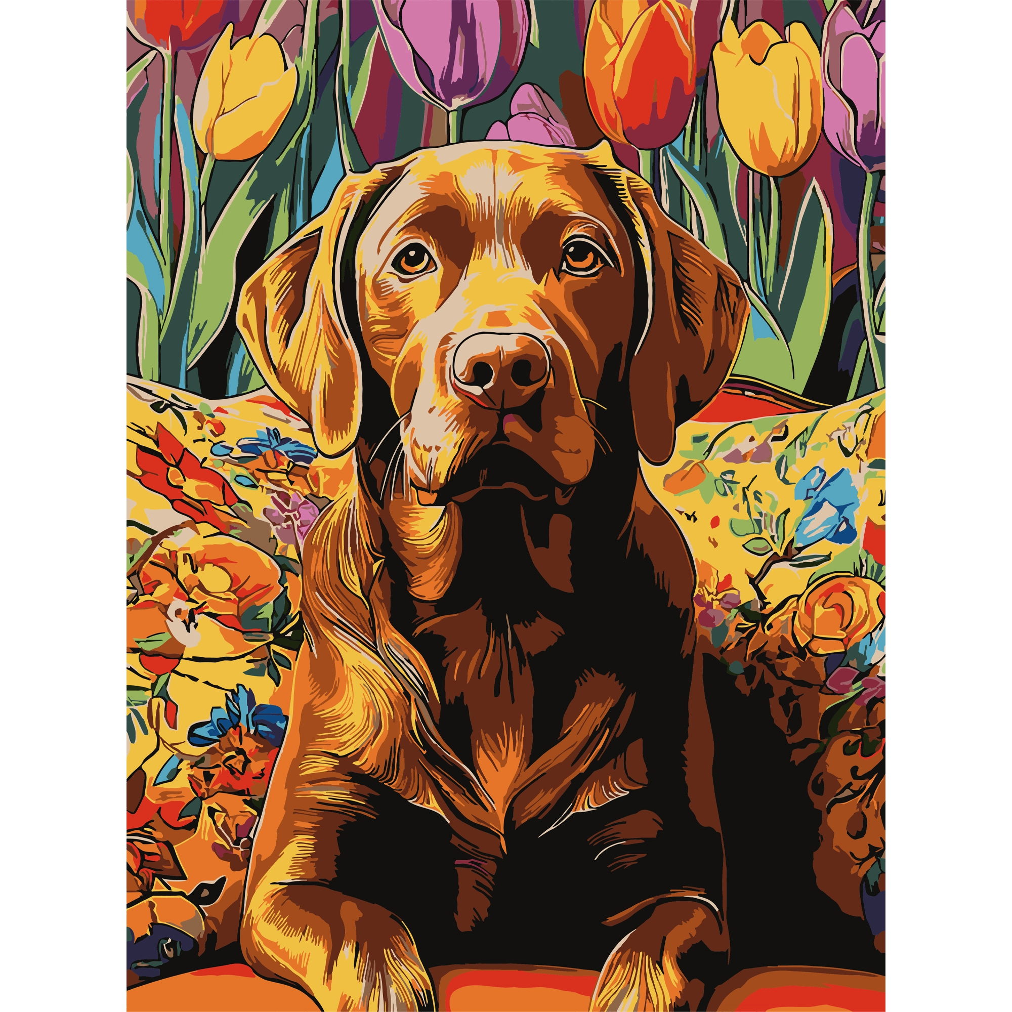 Картина за номерами Пес серед тюльпанів (30х40 см), бренду Strateg - KUBIX
