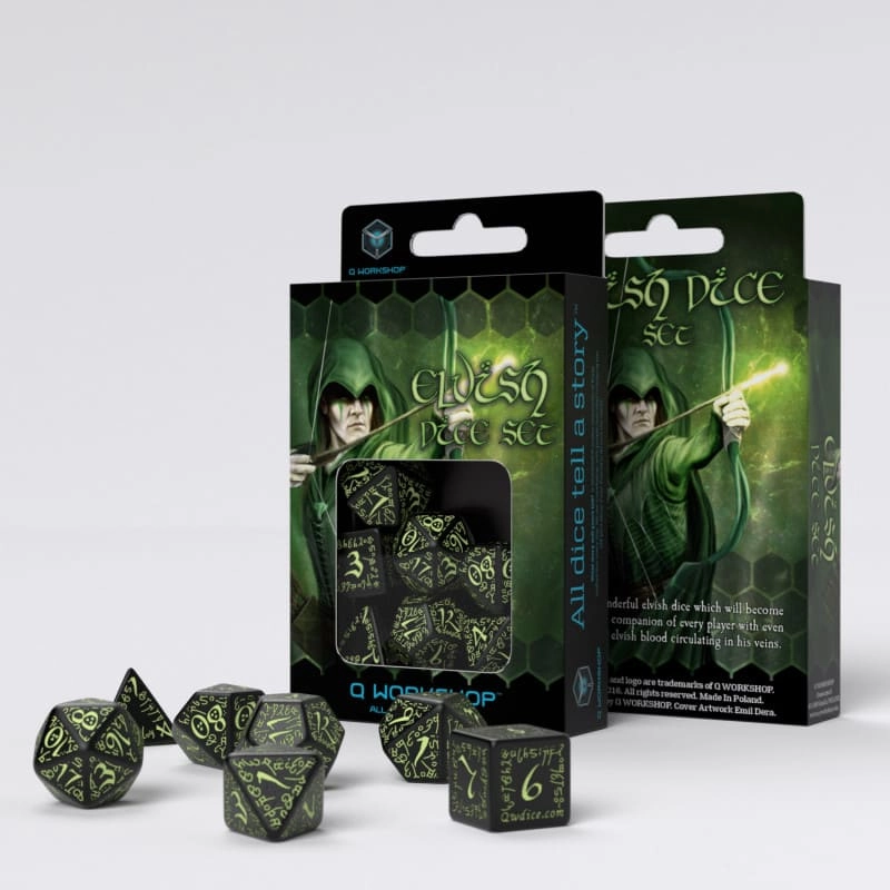 Набор кубиков Elvish Black & glow-in-the-dark Dice Set (7 шт.), бренду Q-Workshop - KUBIX