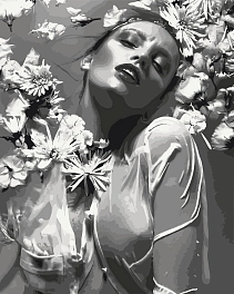 Картина по номерам Дівчина в квітах на чорно-білому тлі (40х50 см)