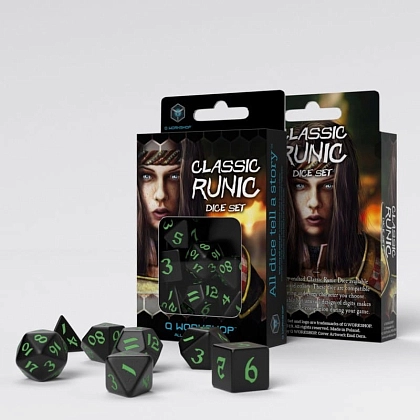 Набір кубиків Classic Runic Black & green Dice Set (7шт.), бренду Q-Workshop - KUBIX
