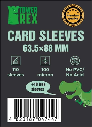 Протектори 100 micron (преміум) 63,5*88 (Cards Sleeves 100 micron (premium) 63,5*88), бренду Tower Rex - KUBIX