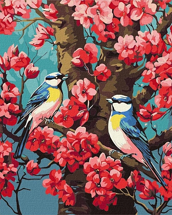 Картина по номерам Пташки серед цвітіння дерева (40х50 см), бренду Ідейка - KUBIX