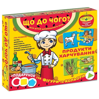 Настольная игра Что к чему? Продукты питания, бренду Киевская фабрика игрушек, для 1-2 гравців, час гри < 30мин. - KUBIX
