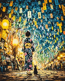 Картина по номерам Японская ночь Девочка с котом (40х50 см)