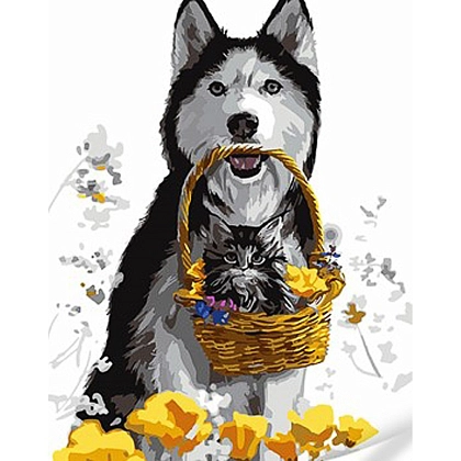 Картина по номерам Хаскі и котенок в корзине (30х40 см), бренду Strateg - KUBIX