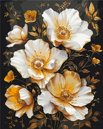 Картина по номерам Золоті квіти на чорному фоні (40х50 см), бренду Origami - KUBIX