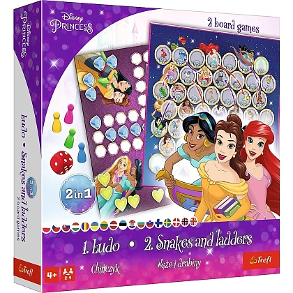 Настольная игра Принцессы Disney: Лудо + Змеи и Лестницы 2 в 1 (Disney Princesses: Ludo + Snakes and Ladders 2 in 1), бренду Trefl, для 2-4 гравців, час гри < 30мин. - KUBIX