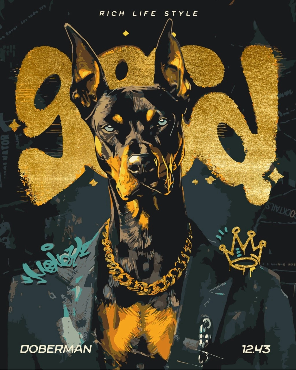 Миниатюра товара Картина по номерам Доберман с золотой цепью (40х50 см) - 1