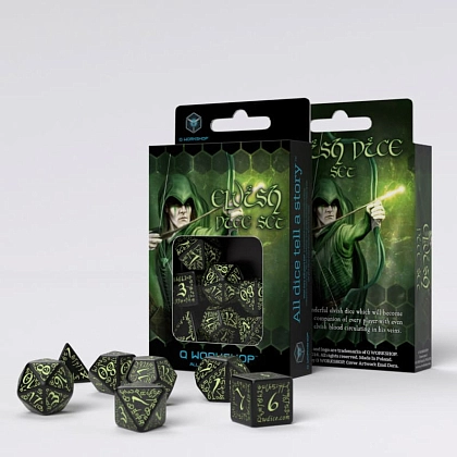 Набір кубиків Elvish Black & glow-in-the-dark Dice Set (7шт.), бренду Q-Workshop - KUBIX